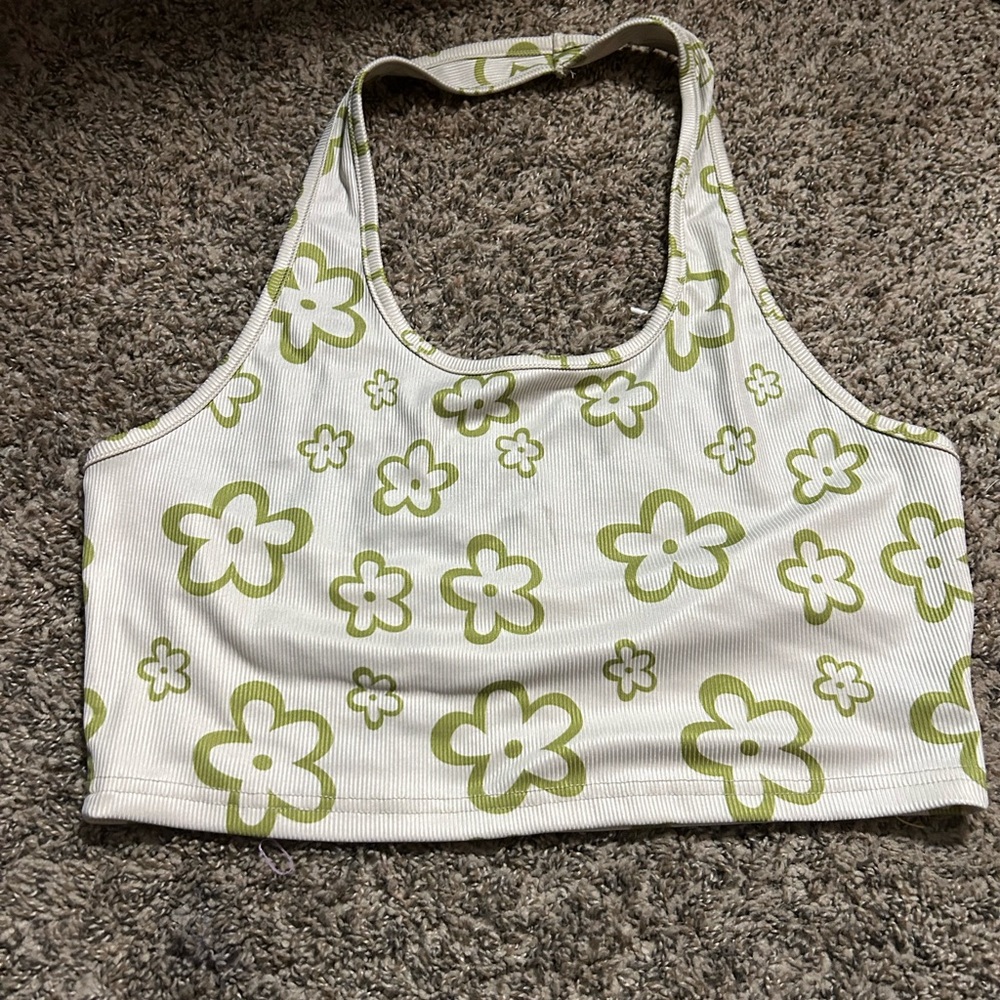 Green/cream flower halter top